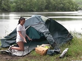 Camping Threesome With Dark-haired Honey Taking Two Hard Dicks